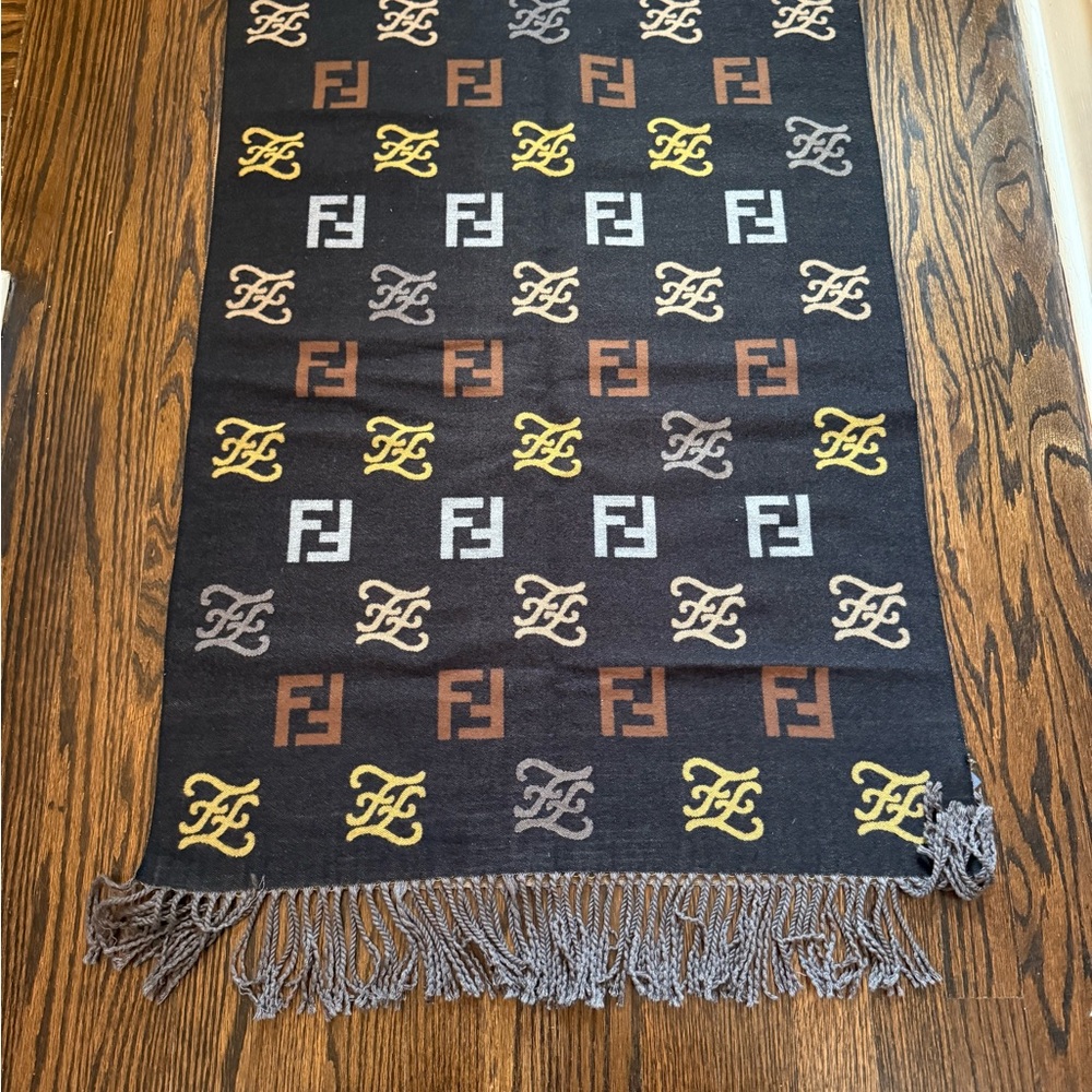 Fendi Black and Brown Logo Patterned Scarf